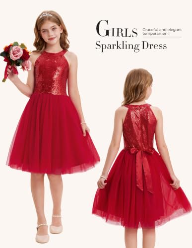 GRACE KARIN Girls Sequin Dress Halter Sleeveless Tulle Princess Party Wedding Flower Girl Dresses Size 7,Red — view 4