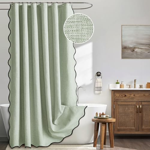 MIULEE Sage Green Scalloped Shower Curtain Linen Textured with 12...