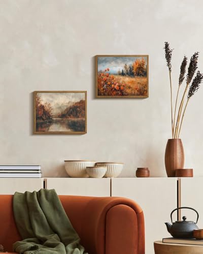 Image of KISSFOX Framed Wall Art Decor Vintage Landscape Pictures Wall Decor Fall Leaves Forest Scenery Canvas Art Farmhouse Countryside Paintings Artwork For Bedroom Kitchen Living Room