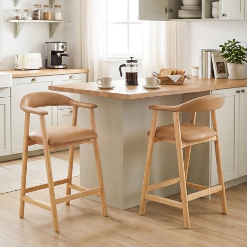 Image of 26 inch Bar Stools Set of 2, Upholstered Counter Stools, Modern Faux Leather Counter Height Bar Chairs with Backs and Arms, Wood Legs and Footrest, for Kitchen Counter, Island, Dining Room, Brown