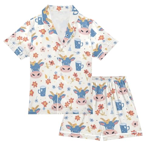 ALAZA Cute Cow Floral Flower Pajamas Satin Pajama Set Short Sleeve Button Down Sleepwear