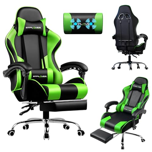LUCKRACER Chaise de Gaming avec Massage Ergonomique | Repose-Pieds et appuie-tête rétractable | Support 150 kg | Bureau et Maison | Couleur Verte