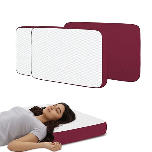 Image of Orthopedic Shredded Memory Foam Pillow Set of 2, 50x30x6 cm High Density Support for Neck Relief, White /Maroon Breathable Case, Aligned Spine Bedding for Side and Back Sleeper