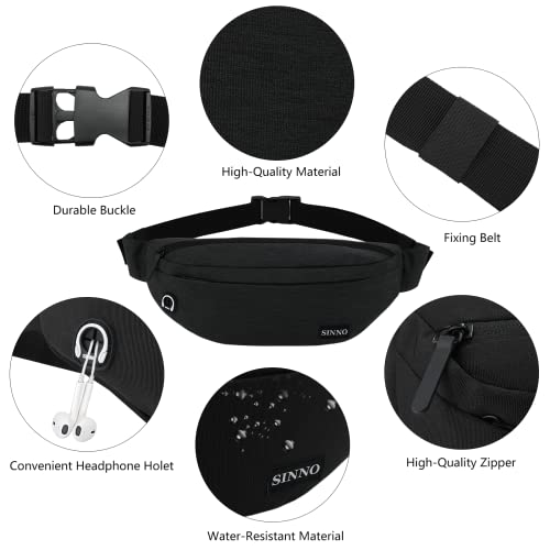 Image of SINNO Large Crossbody Fanny Pack for Women Men Belt Bag With 4-Zipper Pockets for Travel Running Hiking Workout Dog Walking Outdoors Sport Fishing Waist Pack Bag Carrying All Phones, Black, Large,