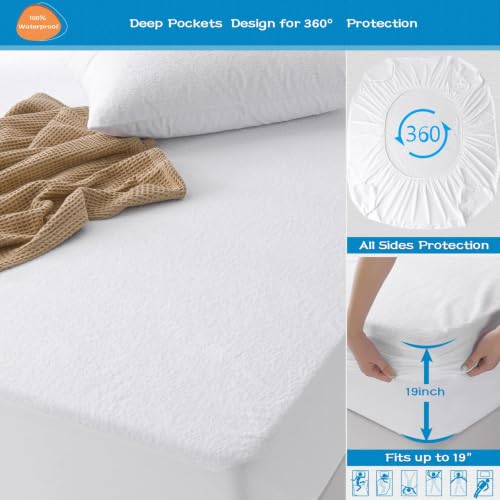 Image of GRT 2 Pack Twin XL Mattress Protector Waterproof, Breathable & Noiseless Premium Terry Waterproof Mattress Protector Fitted Deep Pocket from 5 inch to 19 inch, Smooth Twin XL Mattress Cover Machine Washable