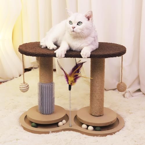MANGOKKA Scratch Post, Double Turntable Cat Scratcher with Hanging Interactive Toys and Ball Track, Sisal Two Cat Scratching Post, 14.17