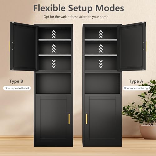Image of Tall Narrow Pantry Cabinet for Kitchen, 67 inch H Metal Storage Cabinets with Doors and 3 Adjustable Shelves for Dining Room, Living Room and Home Office (20 inches Wide Black)