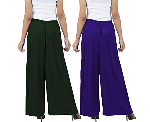 Image of Buy That Trendz M to 4XL Cotton Viscose Loose Fit Women M to 6XL Flared Wide Leg Palazzo Pants for Bottle Green Purple 2 of Pack Combo X-Large