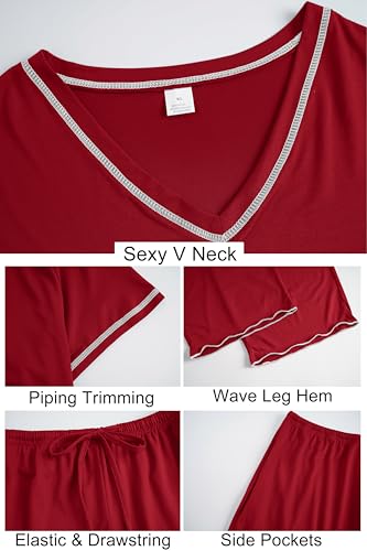Image of Vozanet Women's Plus Size Pajama Sets Short Sleeve Long Pants Solid Color with Piping Trim Elegant Loungewear Cozy Sleepwear