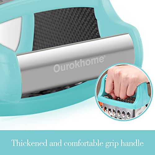 Ourokhome-Cheese-Grater-with-Handle-Stainless-Steel-Box-Grater-4-Side-Kitchen-Vegetable-Shredder-Slicer-Zester-with-Container-for-Parmesan-Cabbage-Ginger-Lemon-Chocolate-Coconut-Teal