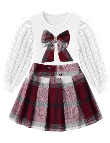 Toddler Girl Clothes Puff Long Sleeve Knit Top and Plaid Skort Set with Bowknot 2PC Girls Fall Outfits 2-8 Years