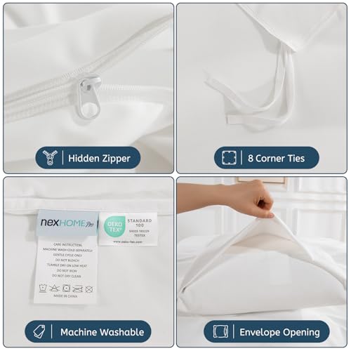 Image of NEXHOME PRO Duvet Cover Queen,White 3 Pieces Duvet Cover Set, Soft and Lightweight 100% Washed Microfiber Comforter Cover Set for All Season(White Queen, 90 x 90)-No Comforter