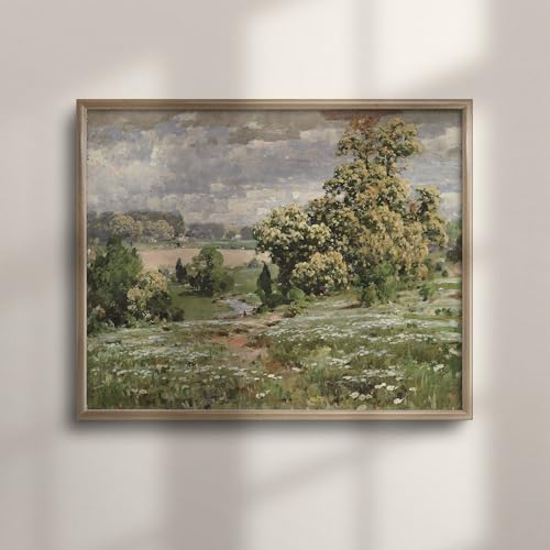 Country Cottage Core Wall Art - Vintage Spring Landscape & Meadow Wildflower Painting, Farmhouse Decor