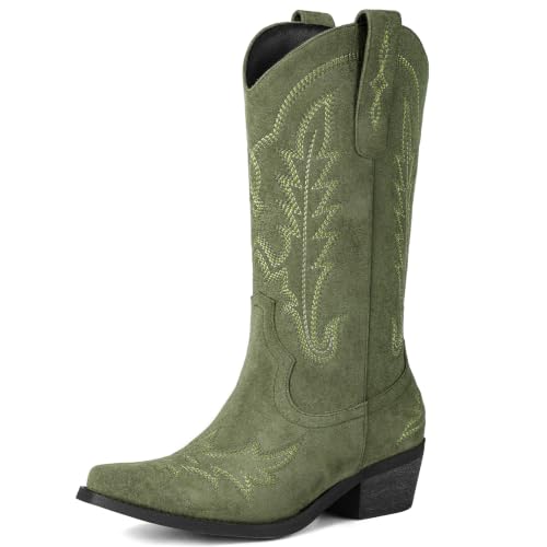Image of Rivalran Cowboy Boots for Women - Cowgirl Boots with Embroidery, Chunky Heel Pointed Toe Pull-on Vintage Western Mid Calf Fashion Boots for Ladies