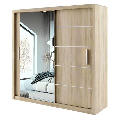 E-BAARIK Bursa Armario con puerta corredera, armario de 2 y 3 puertas con 4 colores y 5 tamaños, solución de almacenamiento, diseño elegante para dormitorio (roble, 203 cm)