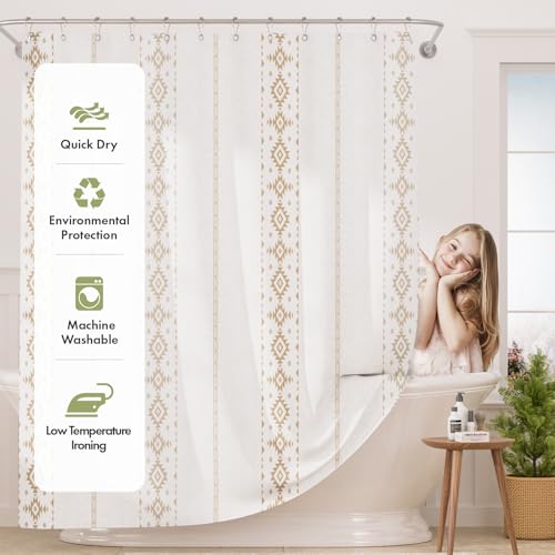 Image of AmazerBath Boho Shower Curtain, Boho Cloth Shower Curtain with 12 Hooks, Hotel Quality Washable Rustic Farmhouse Polyester Fabric Bathroom Shower Curtain Set, 72x72 Inches