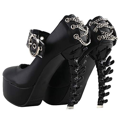 SHOW STORY Retro Black Buckle Metal Chain Zip Mary-Jane Gladiator Platform Bone Heels Pumps,LF807154