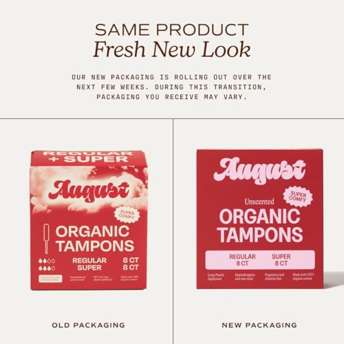 Image of August Regular and Super Tampons - Easy-Glide Long Applicators - 96-Pack (6 Packs of 16) 100% Organic Cotton Tampons for Women, Non-Toxic, Fragrance-Free, and Hypoallergenic