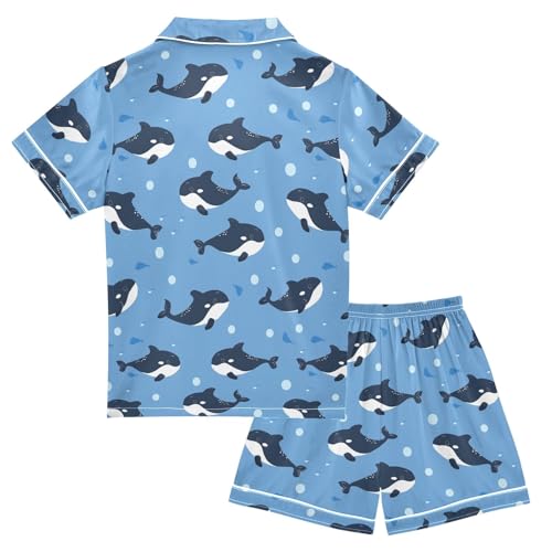 Cartoon Killer Whale Summer Satin Pajama Set, Cute Button-Down Sleepwear Pj Set for Sleep Wears2