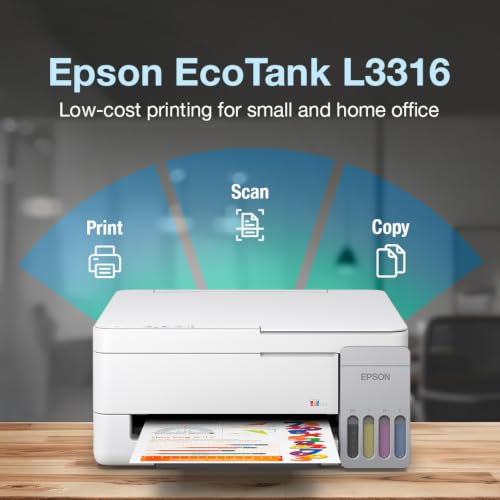 Image of Epson EcoTank L3316 All-in-One InkTank A4 Colour Printer, Scanner, Copier for Home & Office, 5760x1440dpi Resolution, Low Printing Cost at just 9 Paise per Black Print and 33 Paise per Colour Print