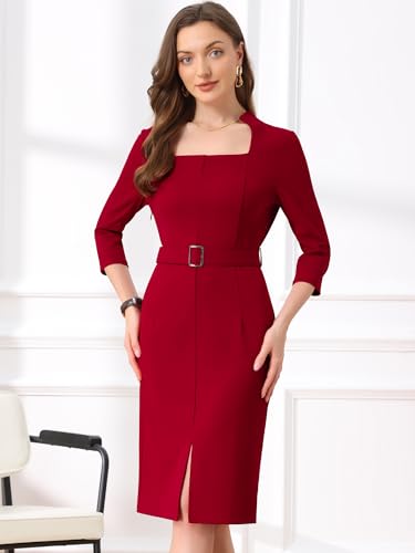 Allegra K Business Pencil Dress for Women's 3/4 Sleeve Office Dresses with Belt4