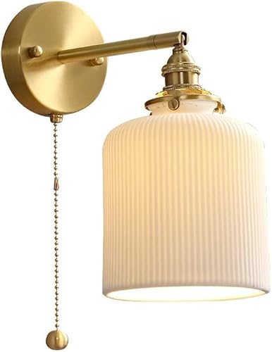 ITOSUI Vintage Milk Glass Wall Sconce Pull Chain - Mid Century White Ribbed & Gold Finish Nordic Style Bedside & Hallway Light for Bedroom, Living Room, Bathroom, Dining
