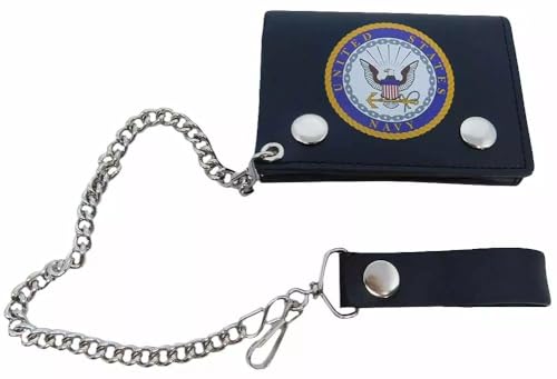 Trade Winds U.S. Navy Emblem Blue Black Genuine Leather Wallet With Chain (4 inch) (Officially Licensed by The US Navy)