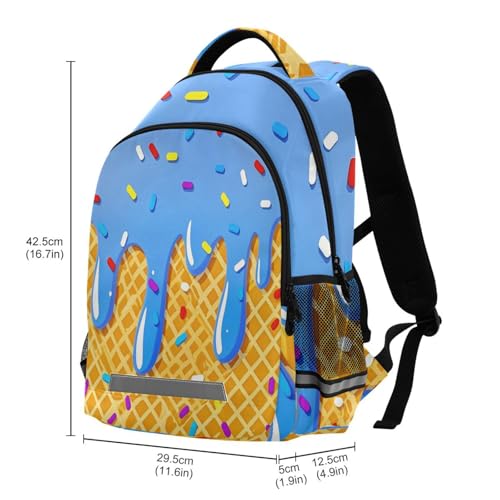 Image of Ice Cream Blue Backpacks with Chest Strap,Lightweight Bookbags 17 Inch,Summer Cute Casual Daypack Bags