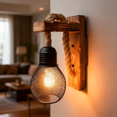 Lampada da parete per interni in legno vintage, E27, corda di canapa, lampada da parete con paralume, lampada da parete per interni, stile industriale, retrò, illuminazione da parete in legno, per