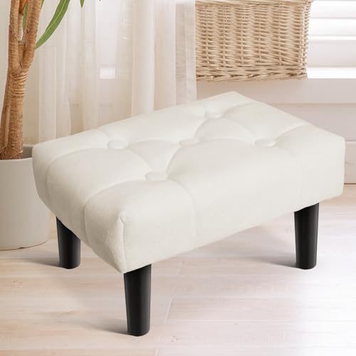 Image of HOUCHICS Small Footstool Ottoman,Velvet Soft Footrest Ottoman with Wood Legs,Sofa Footrest Extra Seating for Living Room Entryway Office(White 1PACK)