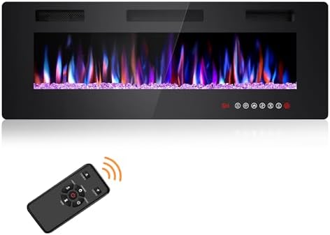 Joy Pebble 50 Inch Electric Fireplace Inserts, in-Wall Recessed and Wall Mounted 750/1500W Fireplace Heater, Touch Screen, Remote Control with Timer, Adjustable Flame Color and Speed