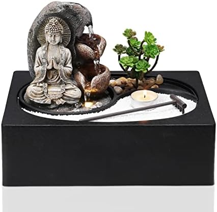 BTGGG Indoor Fountain Buddha with LED Light Candle Indoor Water Features 29*21*22CM Desktop Fengshui Meditation Zen Fountain for Relaxing Indoor Decoration, 3 Pin UK Plug Included