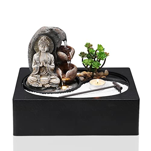 BTGGG Indoor Fountain Buddha with LED Light Candle Indoor Water Features 29 * 21 * 22CM Desktop Fengshui Meditation Zen Fountain for Relaxing Indoor Decoration, 3 Pin UK Plug Included