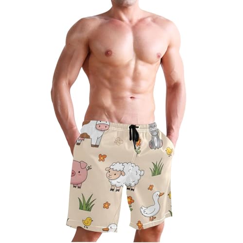 Men's Swim Trunks Quick Dry Swimming Shorts with Pocket Farm Animals on Pastel Swimsuit Trunks3