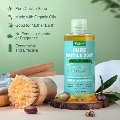Pure Castile Liquid Soap Organic (EWG Verified, Unscented, 8 OZ), Made with Organic Oils, No Added Fragrance, Vegan, Castile Soap Liquid for Face, Laundry, Dishes, Sensitive Skin, Travel soaps