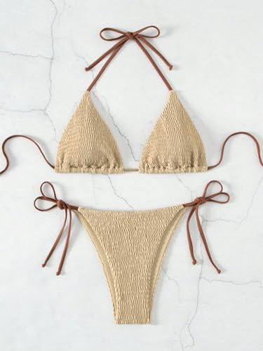 COZYEASE Women's 2 Piece Bikini Sets Smocked Halter Triangle Top Tie Side Bottom Swimsuit Bathing Suit Beachwear3