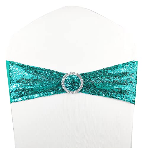 MYS QiQi Pack of 10 Stretch Sequin Chair Sashes, One-Sided Sequin with Buckle, for Wedding Party Chair Cover Decoration, Stretch Spandex Chairs Bands (10 PCS Cyan Blue)