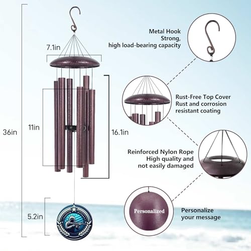 Image of Personalized 30 /36 /45 inch Deep Tone Wind Chimes Gift for Military, Memorial Retirement Souvenir Wind Chime for Soldier Sailor Airman,Personalized Gift for Army Navy