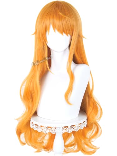 Image of Half and Half Long Curly Orange Anime Pirate Cosplay Wig for Women 31.5'' Vibrant Orange Ginger Wave Wig for Halloween Party Costumes Daily