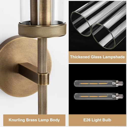 Image of Bronze Wall Sconces Set of Two with White Light, 15'' Brushed Brass Knurled Bathroom Vanity Light with Clear Glass for Living Room Mirror Bedroom Stairs