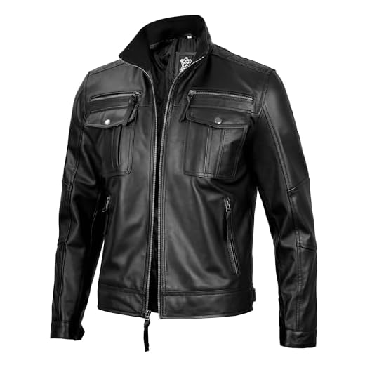 Jaqueta masculina de couro legítimo – Jaqueta de couro masculina premium 100% pele de cordeiro, Black - Moffit Leather Jacket, Medium
