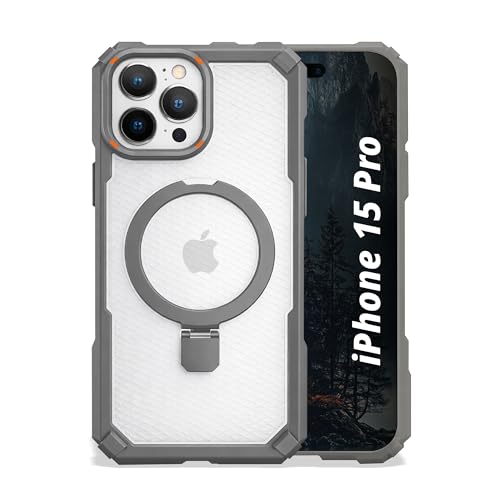 Image of AIBEX Transparent Back Cover Compatible for iPhone 15 Pro| Mag-Saf Magnetic Ring Kickstand | Shockproof Dual Layer Military Grade Drop Protection Armor Case| Wireless Charging Support - Grey