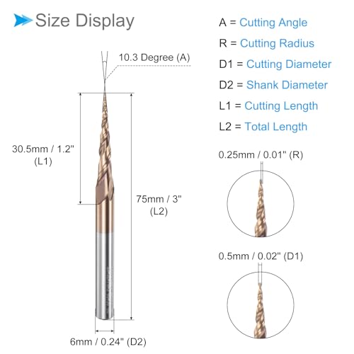 Image of Tapered Ball Nose End Mill, 0.25mm Radius 6mm Shank 10.3 Degree Angle, TiSiN Coated Micro-Grain Carbide 2 Flutes Milling Cutter - (Applications: for Stainless Steel Hardened Steel)