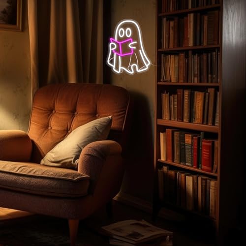 Image of Ghost Reading Book Neon Sign | LED Neon Light, Hanging Design, For Bedroom Home Library Reading Room, Kids Room Store Decor