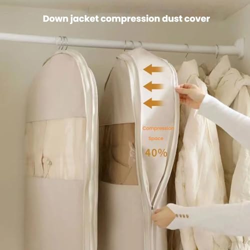 Similarlyl Space Saving Hanging Garment Bag with Self Compression Zipper, Heavy-Duty Zipper Dust Cover Clothes Bags for down Coat, Jackets, Suit (beige, Medium)2