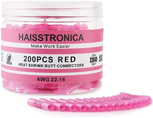 haisstronica 200PCS 22-16 Awg Red Heat Shrink Butt Connectors-Tinned Red Copper 0.7mm-Marine Grade Insulated Crimp Wire Connectors-Waterproof Electrical Connectors-Butt Splice for Marine,Boat,Stereo