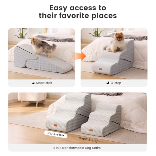 Image of Gardner Pet Dog Stairs for Small Dogs 22.4 inch H, Large 2 in 1 Transformable 3-Step Pet Stairs and ramp, Dog Steps for High Bed (22-27 inch) with Non-Slip Waterproof Cover CertiPUR-US Certified Foam,Checked