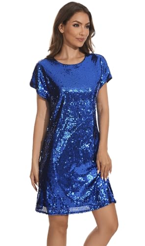 Image of Women's Crewneck Sequin Shift Dress Short Sleeve Casual Holiday Sparkly Party Dress