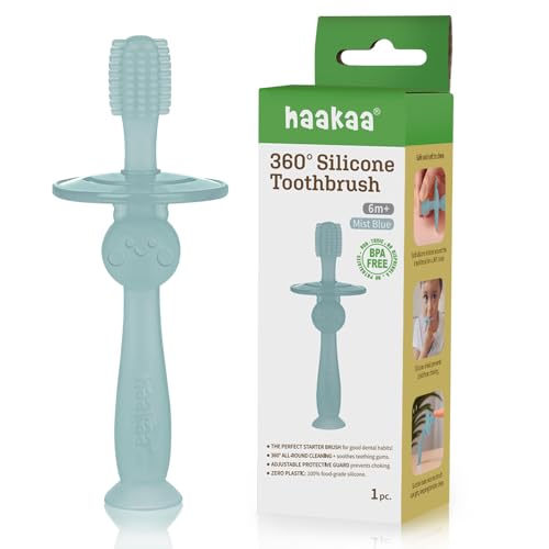 Image of haakaa 360° Silicone Baby Toothbrush – 100% Soft Food Grade Silicone, BPA-Free, Suction Base, Safe for Babies 6 Months+, Gentle Gum and Teeth Cleaning for Infants, Gum Massager (Mist Blue)