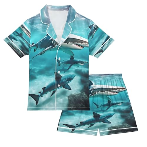 ALAZA Shark Ocean Water Sea Satin Pajamas Set Short Sleeve Button Down Sleepwear Summer Pjs 2 Piece